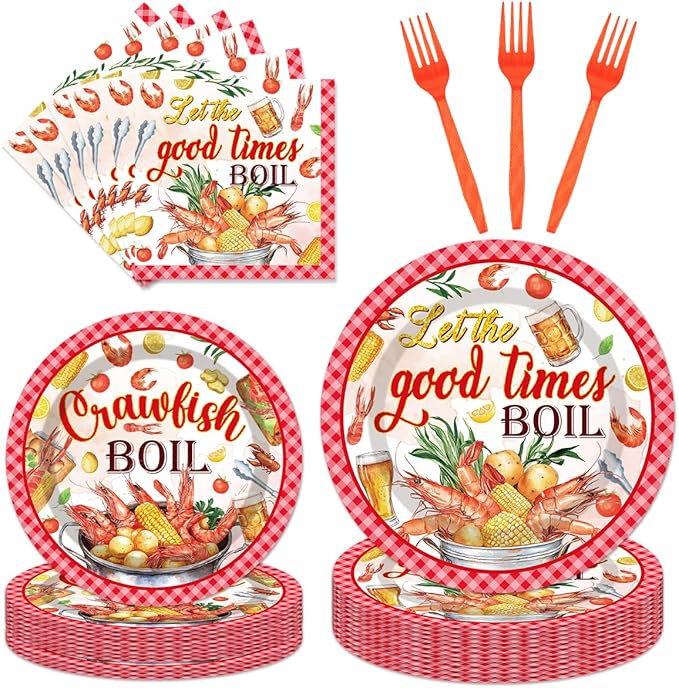 96Pcs Crawfish Boil Party Supplies Tableware Set Let The Good Times Boil Paper Plates Napkins Forks Lobster Seafood Boil Birthday Theme Party Supplies Serve 24 Guests