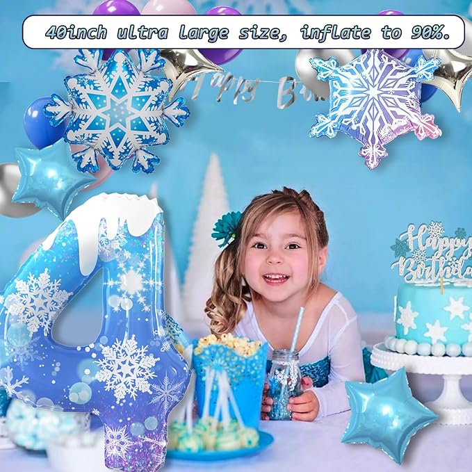 40 Inch Frozen Balloons number 4 Birthday Balloon,2 Giant snowflake foil balloons, 2 blue and silver star foil balloons Frozen Theme Party Supplies Winter Party Decoration For Girl's Birthday