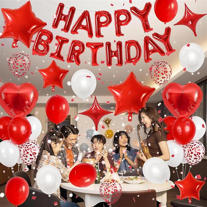 Red White Birthday Decorations for Women Girls Dark Red Metallic Pearl Whte Confetti Party Balloon Happy Birthday Banner Heart Foil Balloons 18/10 Inch Star Balloons for Bday Party Supplies