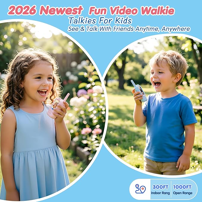 Video Walkie Talkies for Kids, 2 Pack, 400meter Long Range Rechargeable，Voice Changer ，HDCamera, for Outdoor Backyard Camping Games, Toy Gift for Boys Girls Ages 3-10，Pink+Blue（Blue+Blue）