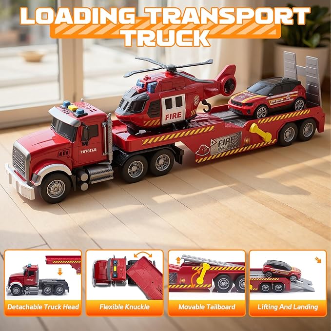 21" Large Semi Fire Truck with Helicopter & Racing Car,Fire Toys Car for Kids Toddlers 3 4 5 6 7, Friction Powered Vehicle with Lights & Sounds,Christmas Birthday Gift for Boys Girls