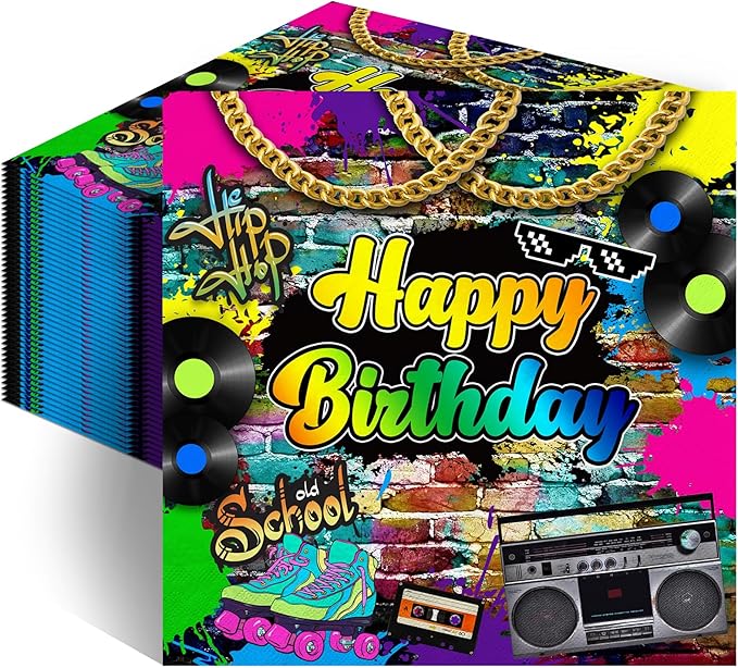 Avezano 100 Pcs 80’s Party Npkins 6.5 x 6.5" 80s Birthday Hip Hop Birthday Party Decorations Supplies Retro 80s Theme Party Paper Napkins