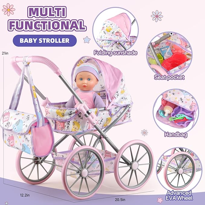 Baby Doll Stroller Playset for Girls Toddlers 3-5 4-6 5-7 Year Old to Play House Games. Stroller Toy with 12.5" Baby Doll, Dining Chair, Quilt Pillow, 24 PCS Doll Accessories and 2 Sets Clothes.