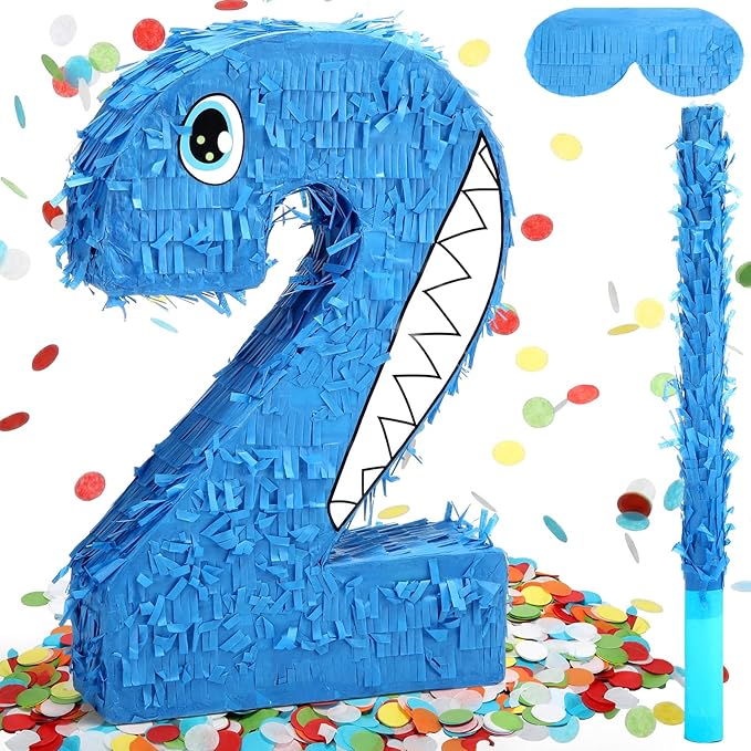 Blue Number 2 Piñata Shark Cartoon Party Decoration Summer Ocean Themed Piñata with Blindfold Bat and Round Confetti Shark 2nd Birthday Decor for Celebration Supply