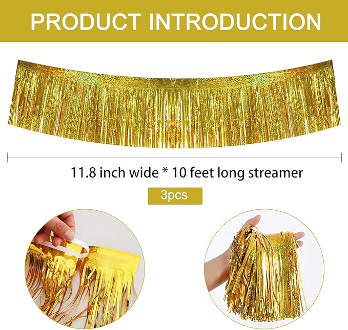 BEISHIDA 3 Packs 30 Feet Metallic Foil Fringe Garland Tinsel Streamers，Laser Gold Wall Hanging Tinsel Fringe Banners for Wedding Birthday Party Decoration Halloween Christmas New Year