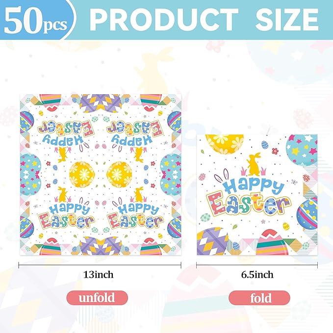 50Pcs Happy Easter Paper Napkins - Cartoon Colorful Eggs Bunny 13 x 13 Inches Luncheon Napkins Disposable Dessert Dinner Hand Napkins for Easter Birthday Party Supplies