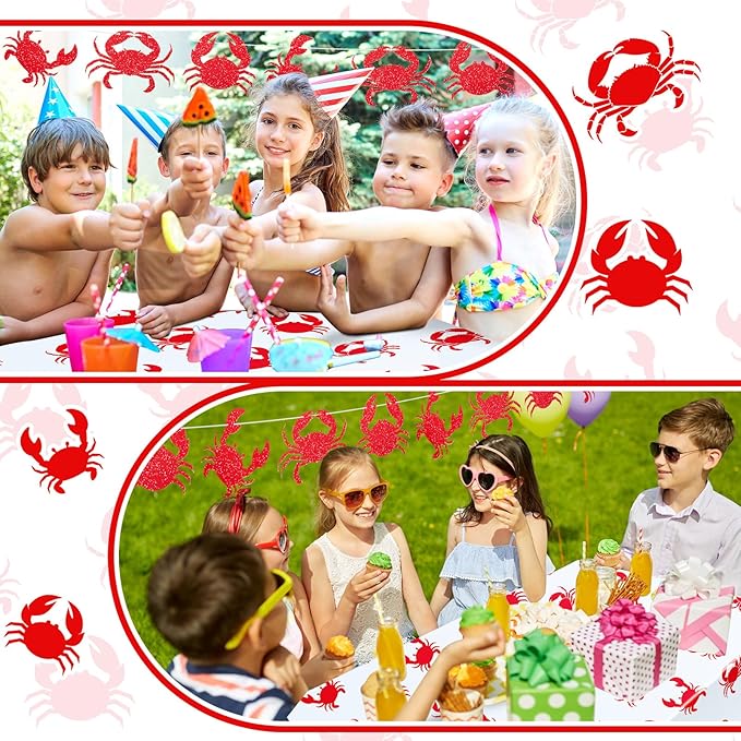 Juexica 4 Pcs Crab Boil Party Decorations 54 x 108 Inch Plastic Crab Table Cloth and 5.91 Ft Banners for Seafood Boil Party Supplies Crawfish Feast Birthday Ceiling Decorations Table Centerpiece