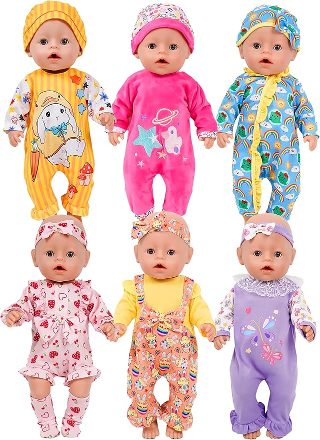 6 Sets 14-16 Inch Baby Doll Clothes, New Born Doll Outfits with Rompers & Accessories for 16-inch Soft Body Dolls ( No Doll)