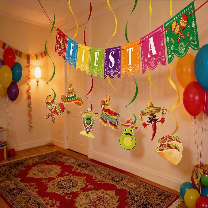 Fiesta Mexican Party Decorations Set - Fiesta Banner, Hanging Swirls, Honeycomb Centerpieces Mexico Tablecloth for Cinco De Mayo, Taco Tuesday, Mexican Themed Birthday Luau Party Supplies (Mexican)