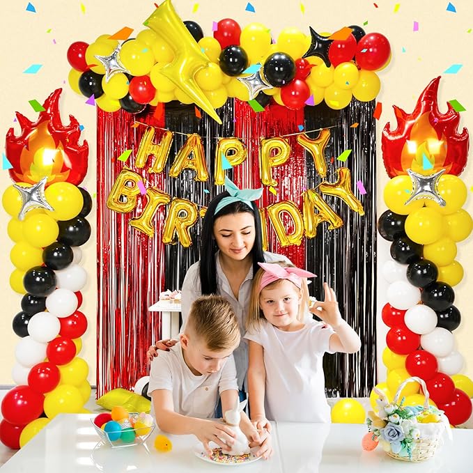 Cartoon Monster Birthday Party Decorations Supplies, Red Black Yellow Balloon Garland Arch Kit Curtains Backdrop Decor Birthday Banner Kit for Boys Girls Baby Shower-205 Pcs