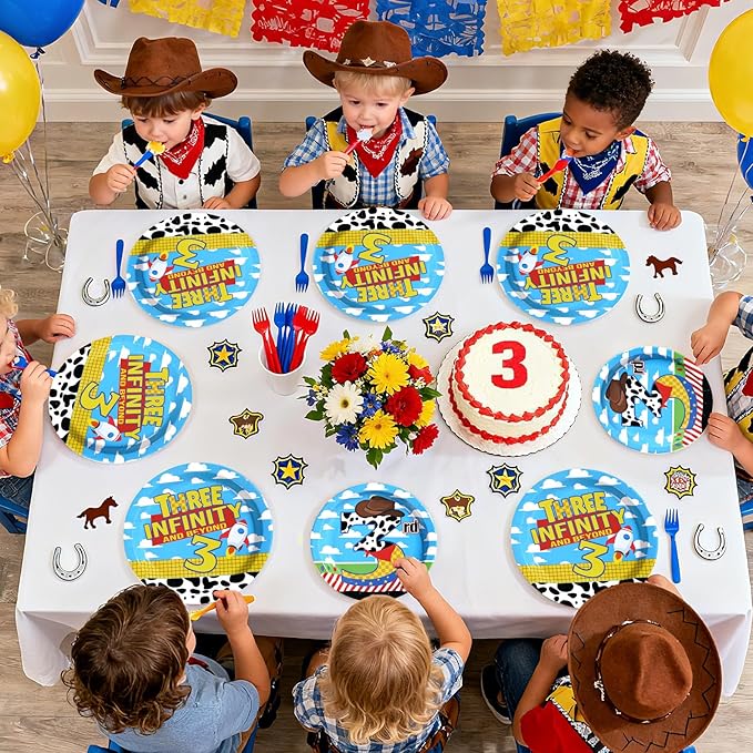 96Pcs Toy Cartoon Story 3rd Birthday Decorations Cow Print Blue Sky White Cloud Plates and Napkins Disposable Toy Inspired Story Cartoon Theme Tableware Set for Boy 3rd Birthday Party Supplies Serve24