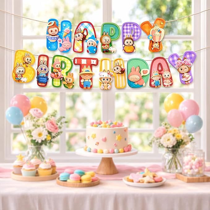 IndoTribe Pink Happy Birthday Banner - Pre-Strung,No DIY Cute Cartoon Theme Happy Birthday Sign Birthday Decorations for Girls Reusable Happy Bdy Backdrop for Women