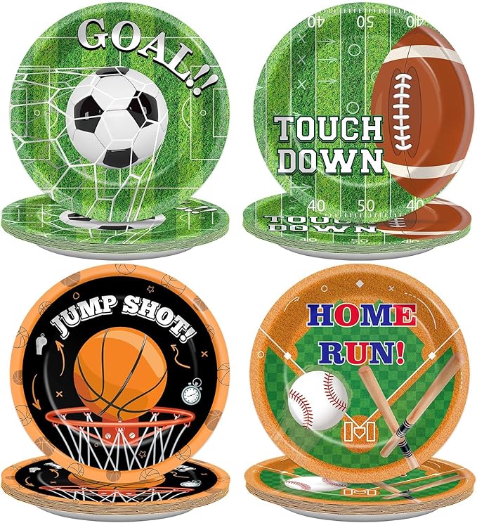 CHUNNIN 48Pcs Sports Birthday Party Paper Plates Sports Themed Party Supplies 7" Football Basketball Soccer Baseball Birthday Disposable Plates for Kids court Baby Shower Decorations