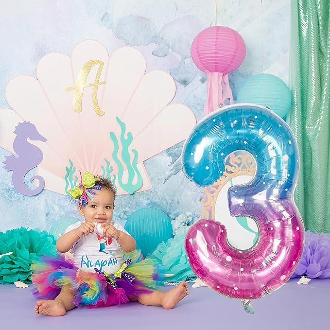 Large Blue Pink Starry 3 Balloons, 40 Inch Giant Mermaid Helium Mylar Foil Globos Numero for Girls, Self Inflating Rainbow 3rd Birthday Balloon for Women Three Anniversary Party Decorations Supplies