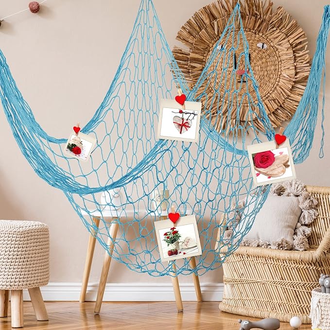 Shappy 2 Pcs Fish Net Decorative 80 x 40 Inch, Wall Hanging Fishnet for Mermaid, Pirate, Nautical, Under the Sea Party Decoration Ocean Themed Hawaii Beach Birthday Halloween Party Supplies(Blue)