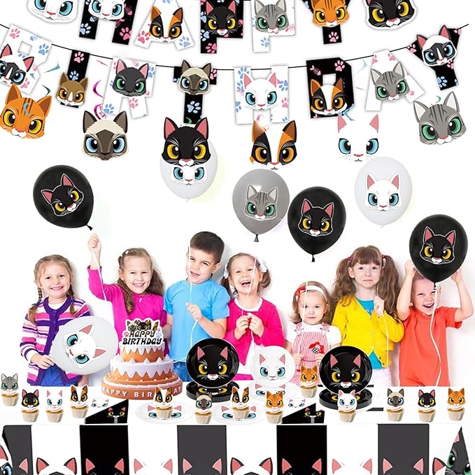 137pcs Cat Birthday Decorations Cat Themed Party Supplies - Banner Plates Napkins Hanging Swirls Kitten Balloons Cake Cupcake Toppers Tablecloth Stickers for Kids Girls Party Decor (Black+White)