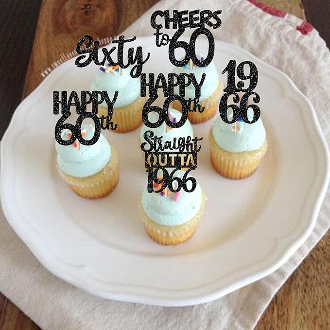 30PCS Black 60th Birthday Cupcake Toppers Glitter Sixty Happy 60 Straight Outta 1966 Cupcake Picks for Cheers to 60 Years 60th Birthday Wedding Anniversary Party Decoration Supplies