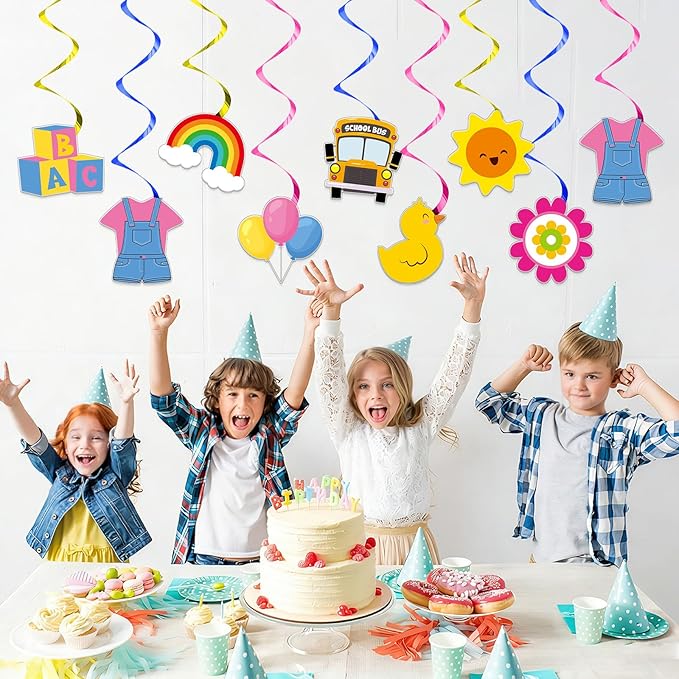 9Pcs Girls Party Decoration Cartoon Teacher Hanging Swirls Cartoon Girl Ceiling Streamers English Teacher School Bus Rainbow Hanging Decorations for Kids Birthday Baby Shower Classroom Party Supplies
