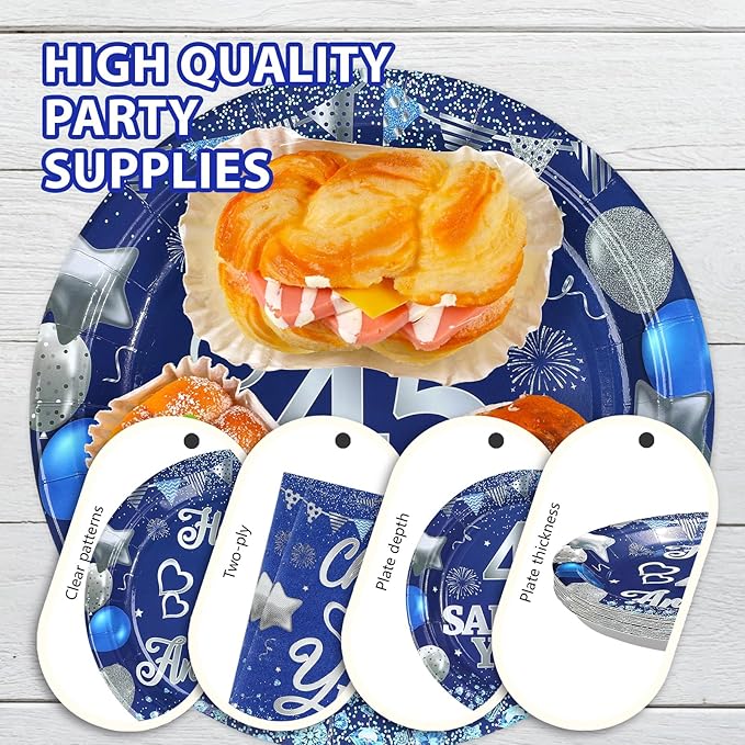96Pcs 45th Anniversary Decorations Blue Sapphire 45th Wedding Plates and Napkins Cheers to 45 Years Tableware Sets for 45 Birthday Anniversary Party Supplies,Serves 24