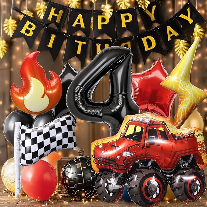 Truck Number 4 Balloons, Huge Truck Flags Lightning Flame Stars Aluminum Foil Balloons for 4th Birthday, Race Car Theme Party Decorations Supplies