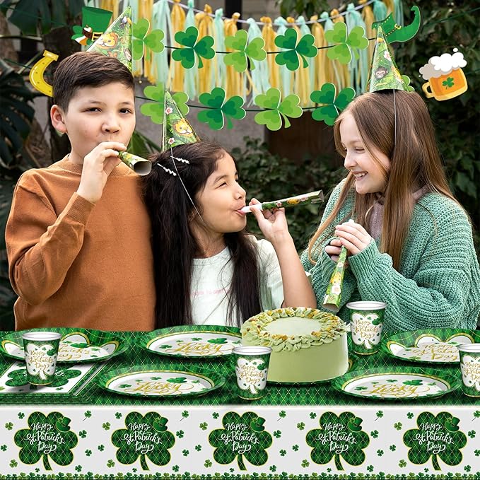 St. Patrick's Day Party Supplies Tableware Set Irish Themed Tableware with Lucky Shamrock Paper Plates Napkins Cups Tablecloth Banner for St. Patrick's Day Party Decorations, Serves 24