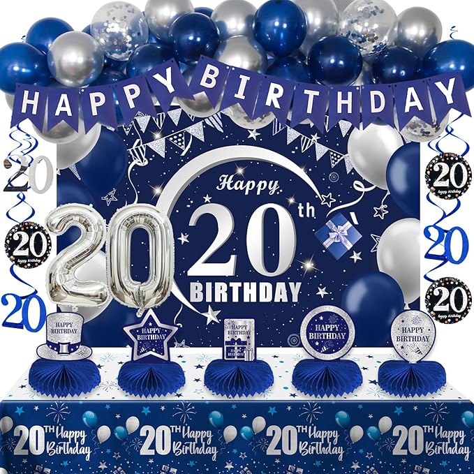 20th Birthday Decorations for Men Women, 54 PCS Happy 20 Balloon Numbers Set for Boys, Blue 20 Year Old Birthday Party Supplies with Bday Tablecloth Banner Honeycomb Centerpieces Hanging Swirls