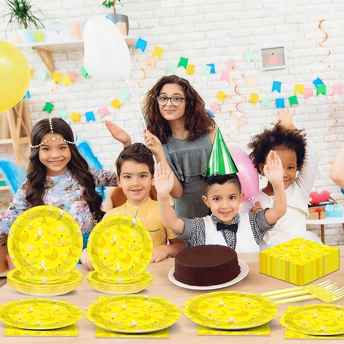 96PCS Banana Party Paper Plates and Napkins Banana Themed Party Decorations Yellow Fruit Napkins and Forks for yellow fruit Birthday Gatherings Decorations