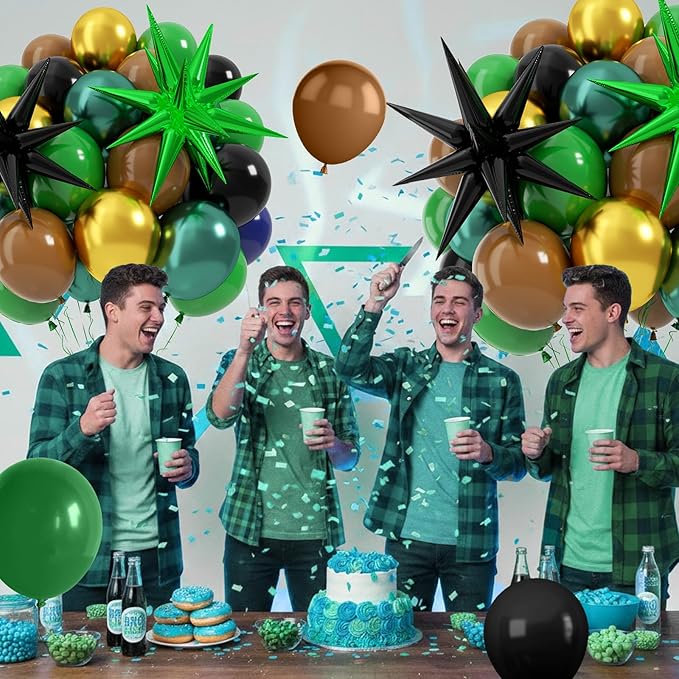 Green and Brown Balloons, 12 Inch Jungle Safari Woodland Balloon with Brown Black Dark Green Confetti Balloons Metal Balloon for Video Game Theme Birthday Wild One Party Decorations
