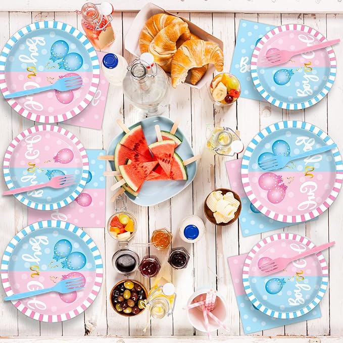 96 Pieces Gender Reveal Party Decorations Supplies He or She Party Tableware Set Pink or Blue Gender Reveal Party Dessert Plates Napkins Forks Favors 24 Guests