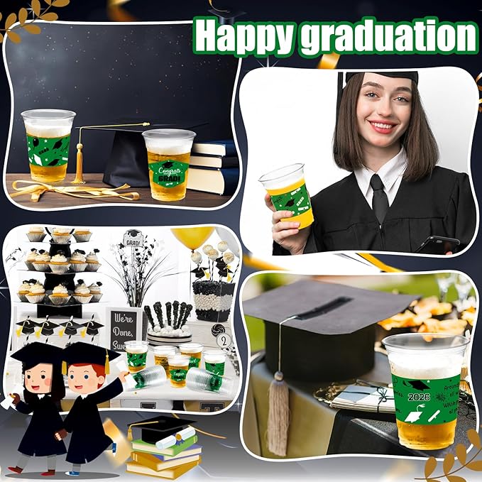 GuassLee Black and Green Graduation Decorations 2026 Party Cups - 50pcs 12 Oz Black Green Disposable Graduation Plastic Cups for Drinks Class of 2026 Grad Party Supplies
