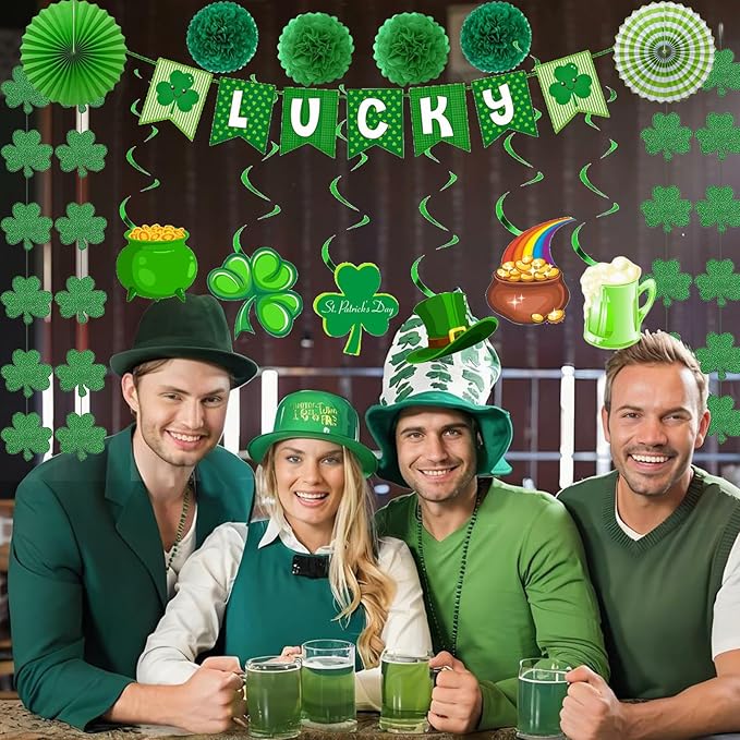 36 Pcs St Patricks Day Decorations Kit with Paper Flowers and Fan, Lucky Banner, Shamrock Garland and Shamrock Hanging Swirls Decor for Home Saint Patrick Party Supplies