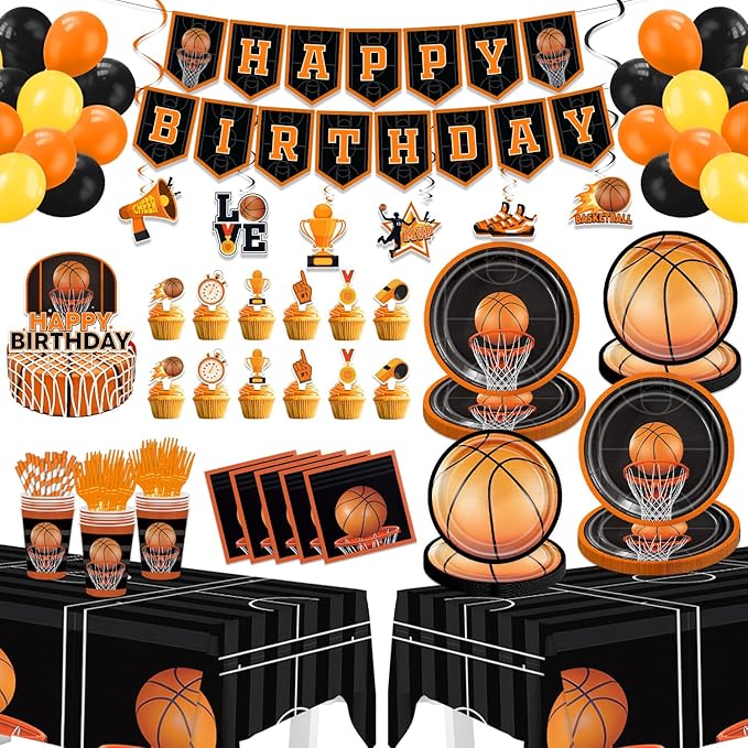 Basketball Birthday Party Decorations - 160PCS Basketball Party Supplies with Banner, Balloons, Hanging Swirls, Plates, Napkins, Cups, Forks, Straws, Tablecloths, Cake Topper, Cupcake Toppers