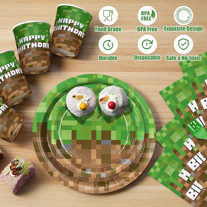 168pcs Green Birthday Party Decorations Green Plates Napkins Party Supplies Disposable Paper Cups Tableware Set for Boys Kid Teen Birthday Decor Serves 24