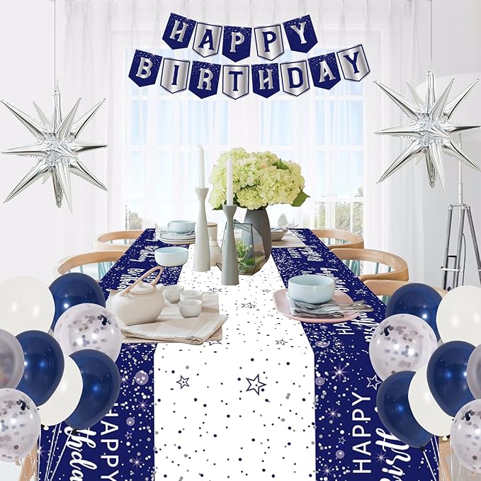 Navy Blue Birthday Decorations for Men Boys Women Girls, 80 PCS Blue and Silver Party Decorations, Happy Birthday Backdrop Banner Party Supplies Blue Silver Confetti Star Balloons Arch Tablecloth