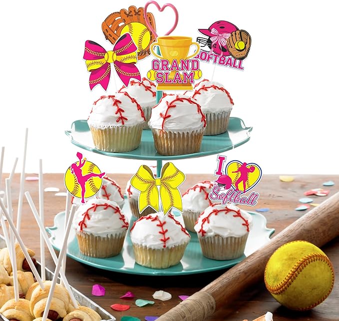 Softball Cupcake Toppers Decorations - 24 Pcs Sports Theme Birthday Cup Cake Topper Picks, Pink Yellow Baseball Sport Table Decor, Softball Holiday Party Supplies for Girls Kids Teens Women