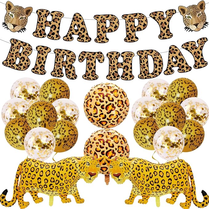 21 Pcs Cheetah Birthday Party Decorations Leopard Happy Birthday Banner Cheetah Gold Balloons Leopard Balloons for Boy Girl Baby Shower Party Supplies