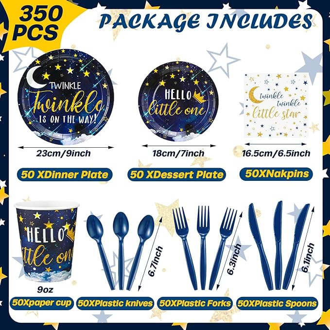 Dandat 350 Pcs Baby Shower Plates Set Baby Shower Party Supplies Serves 50 Tableware Sets Include Plates Napkin Cup Forks Knives Spoons Disposable Dinnerware(Twinkle Twinkle Little Star,Navy blue)