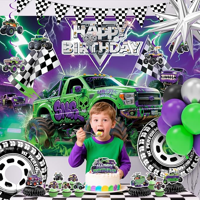 99 Pcs Monster Truck Birthday Party Decorations Set with Purple and Green Black Balloon Garland Arch Kit with Star & Wheels Checkered Balloons, Backdrop, Tablecloth, Grave Digger Party Supplies