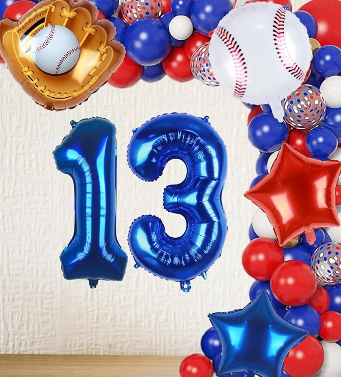 Baseball Balloons 13th Birthday Decorations for Boy, Baseball Birthday Decoration Threenager Sports Theme Party Supplies, 32Inch Foil Mylar 13 Balloon Navy Blue Red White Sports Balloon Arch Kits