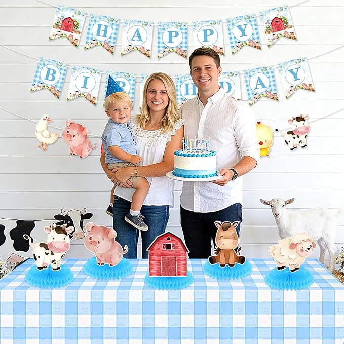 Blue Farm Animals Birthday Party Decorations for Boys Barnyard Baby Shower Supplies Set Includes Happy Birthday Banner Garland Tablecloth Honeycomb Centerpieces Watercolor Cow Pig Sheep Tractor Decor