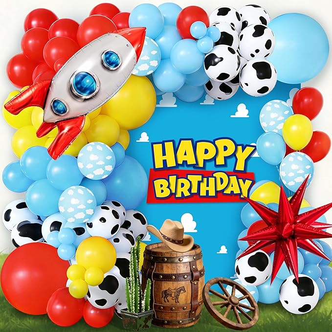 106Pcs Cowboy and Space Theme Birthday Decorations for Boys, Red Blue Yellow Balloon Garland Arch Kit with Cow Cloud Print Rocket Foil Balloons for Kids Cartoon Story Baby Shower Party Supplies