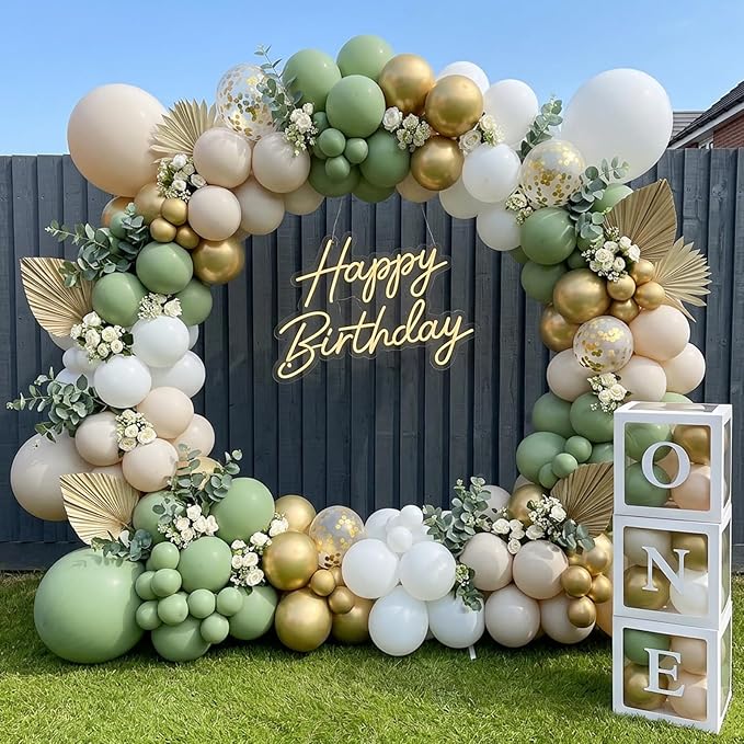 RUBFAC Sage Green White Gold Balloon Garland Arch Kit 129pcs Different Sizes Pack of 18 12 10 5 Inch, Latex Sand White Cream Confetti Gold Balloon Garland Arch Kit for Birthday Engagement Wedding