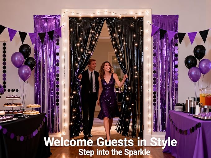 3 Packs Purple Black Foil Fringe Curtains, Birthday Party Decorations Backdrop Tinsel Steamer, Wedding Engagement Bridal Shower Party Decorations Retirement Decor Graduation Party Backdrop