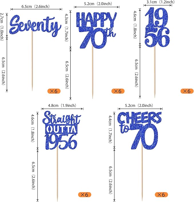 30 PCS 70th Birthday Cupcake Toppers Glitter Seventy Happy 70 Straight Outta 1956 Cupcake Picks for Cheers to 70 Fabulous 70th Birthday Anniversary Party Cake Decorations Supplier Blue