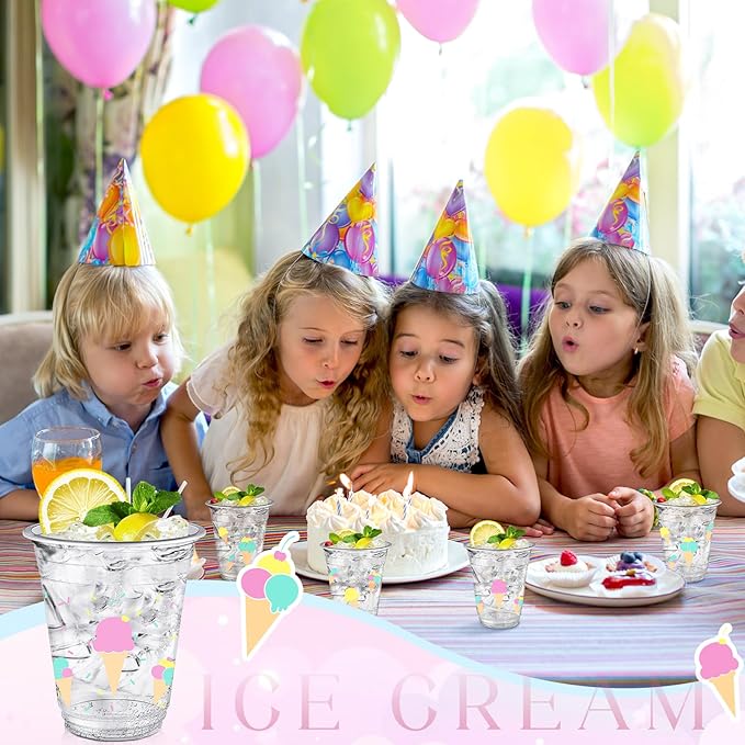 Uiifan 50 Pcs Ice Cream Party Supplies Sprinkle Ice Cream Cups Bulk Sweet One Birthday Party Decorations Disposable Clear Plastic Drinking Cups for Dessert Hot Cold Coffee Wedding Favor Baby Shower