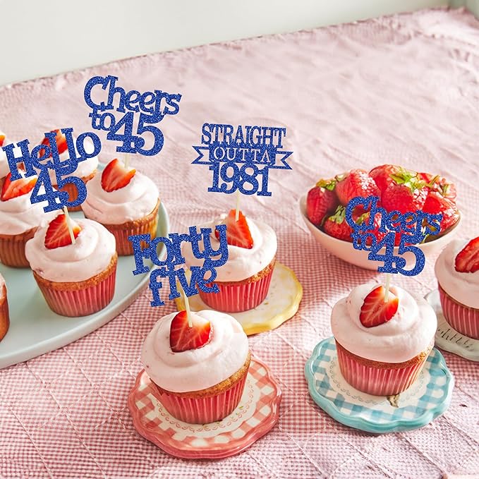 Ephlyn 24Pcs 45th Birthday Cupcake Toppers Glitter Straight Outta 1981 Cupcake Picks Hello 45 Cheers to 45 Years Cake Decorations for 45th Birthday Anniversary Party Decorations Supplies Blue