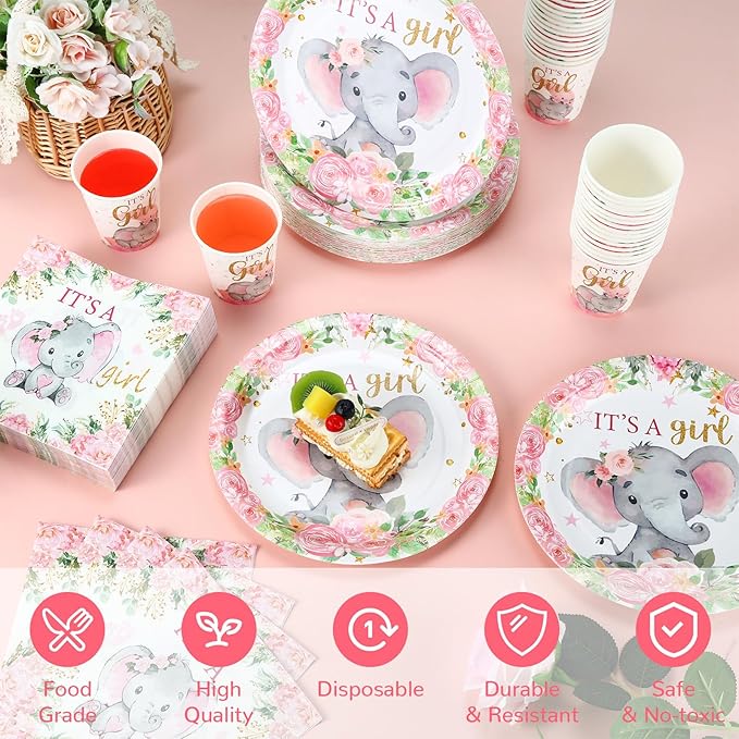 Hushee 200 Pcs Pink Elephant Baby Shower Paper Plates Napkins Cups It's A Girl Baby Shower Party Supplies Tableware Set Pink Disposable Cup Napkin for 50 Guest Spring Party Decoration