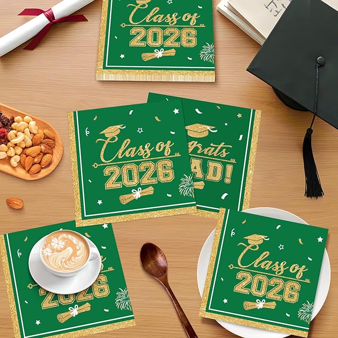50 Pcs Graduation Napkins Class of 2026 - Green Gold Congrats Grad Napkins Set, 3-Ply Disposable Graduation Luncheon Dinner Party Paper Napkins for Graduations Party Supplies Table Decoration