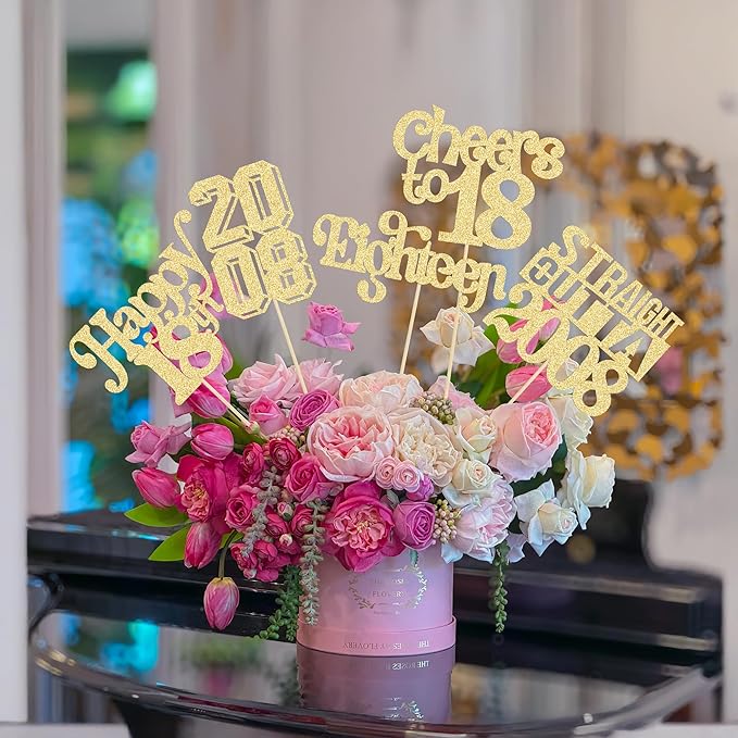 Gyufise 15Pcs Happy 18th Birthday Centerpiece Sticks Eighteen Straight Outta 2008 Table Flower Centerpieces Sticks for Cheers to 18th Birthday Party Supplies Gold