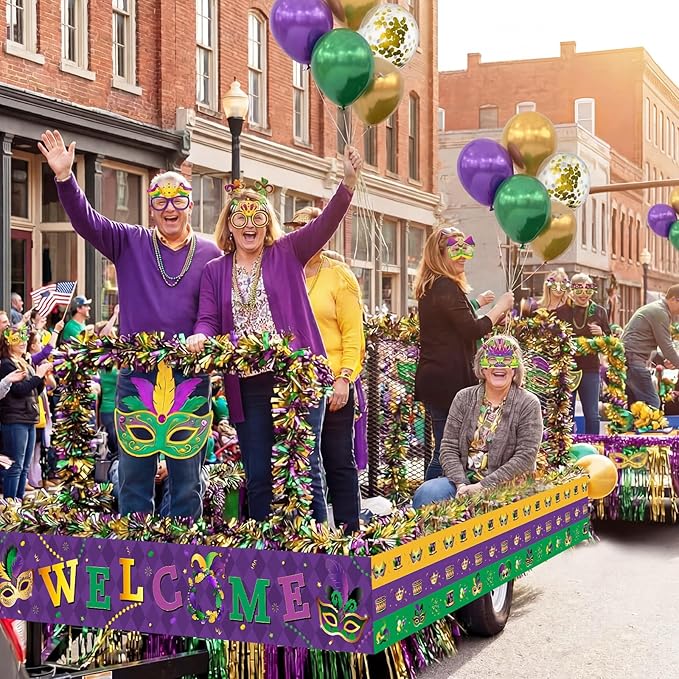 Capoda 128 Pcs Mardi Gras Wagon Float Decorations Kit - Parade Float Decor Wagon, Include Purple Gold Green Fringe Curtains, Banner, Balloons, Eyeglasses & Garland - Carnival Masquerade Party Supplies